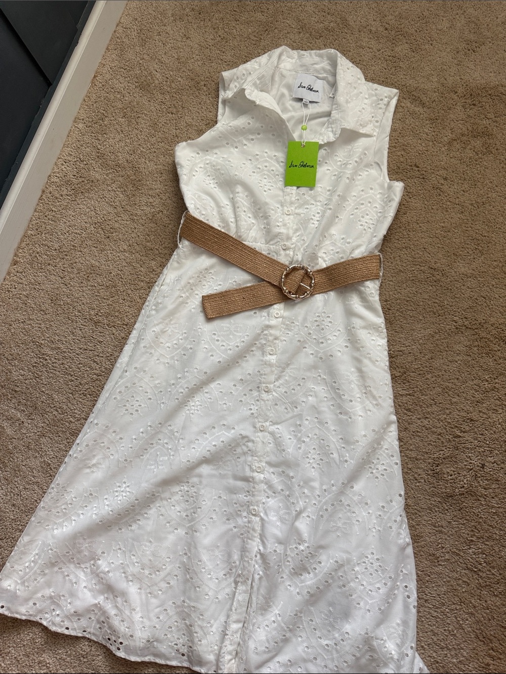 Sam Edelman White Eyelet Sleeveless Shirt Dress with Tan Belt